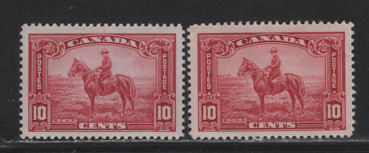 Lot 319 Canada (C) #223 10c Deep Carmine Rose RCMP, 1935 KGV Pictorial Issue, 2 VFNH Singles, CBN-EE & CBN-PPP Papers, Perfs 12 & 11.85x11.9