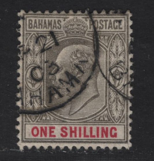Lot 32 Bahamas SG#67 1/- Gray Black & Carmine King Edward VII, 1902-1907 King Edward VII Keyplate Issue, A Fine Used Single, Crown CA Wmk, Small Internal Wrinkles