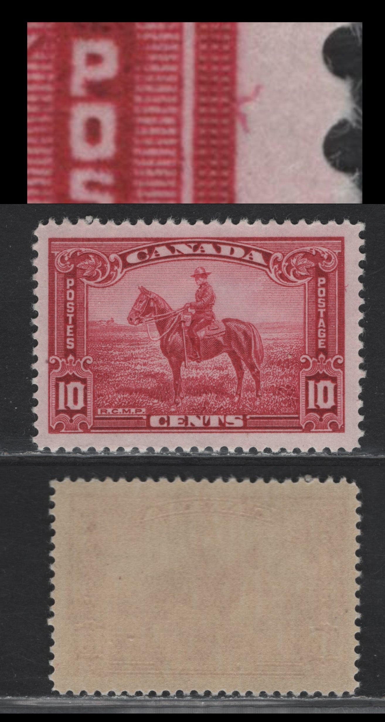 Lot 320 Canada (C) #223 10c Deep Carmine Rose RCMP, 1935 KGV Pictorial Issue, A VFNH Single, CBN-QQQ Paper, Perf 12, Showing Unlisted Curved hair On Right Margin.