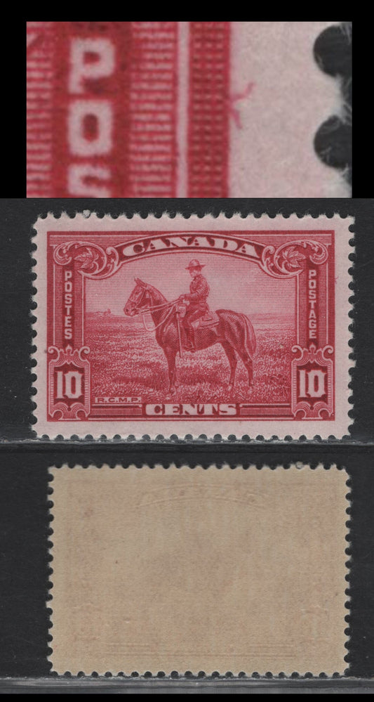 Lot 320 Canada (C) #223 10c Deep Carmine Rose RCMP, 1935 KGV Pictorial Issue, A VFNH Single, CBN-QQQ Paper, Perf 12, Showing Unlisted Curved hair On Right Margin.
