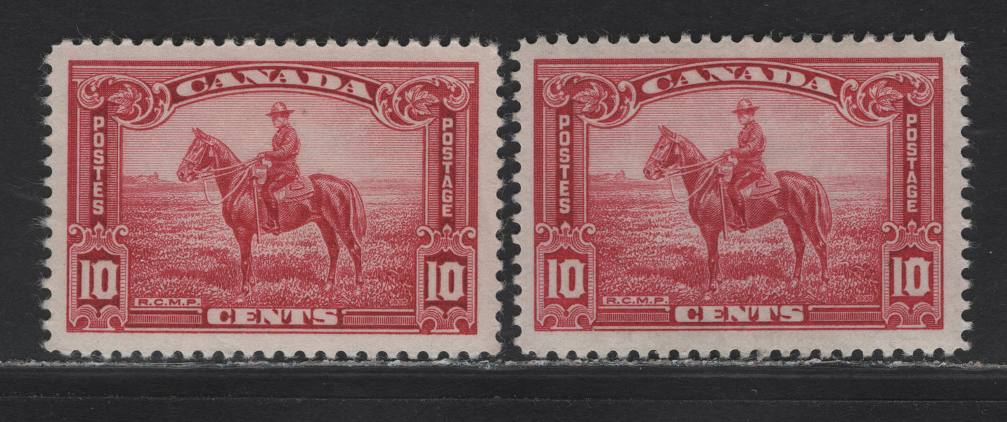 Lot 321 Canada (C) #223 10c Carmine Rose & Deep Carmine Rose RCMP, 1935 KGV Pictorial Issue, 2 VFOG Singles, CBN-EE & CBN-RRR Papers, Perf 12