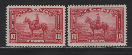 Lot 321 Canada (C) #223 10c Carmine Rose & Deep Carmine Rose RCMP, 1935 KGV Pictorial Issue, 2 VFOG Singles, CBN-EE & CBN-RRR Papers, Perf 12