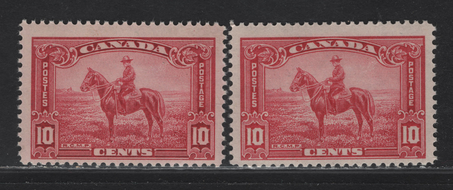 Lot 322 Canada (C) #223, 223i 10c Carmine Rose - Deep Rose RCMP, 1935 KGV Pictorial Issue, 2 FOG Singles, CBN-EE & CBN-QQQ Papers, Perf 12
