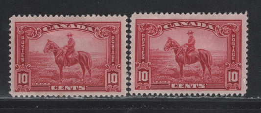 Lot 324 Canada (C) #223i 10c Deep Carmine RCMP, 1935 KGV Pictorial Issue, 2 VFOG Singles, CBN-SSS Paper, Perf 12 & 11.9x12