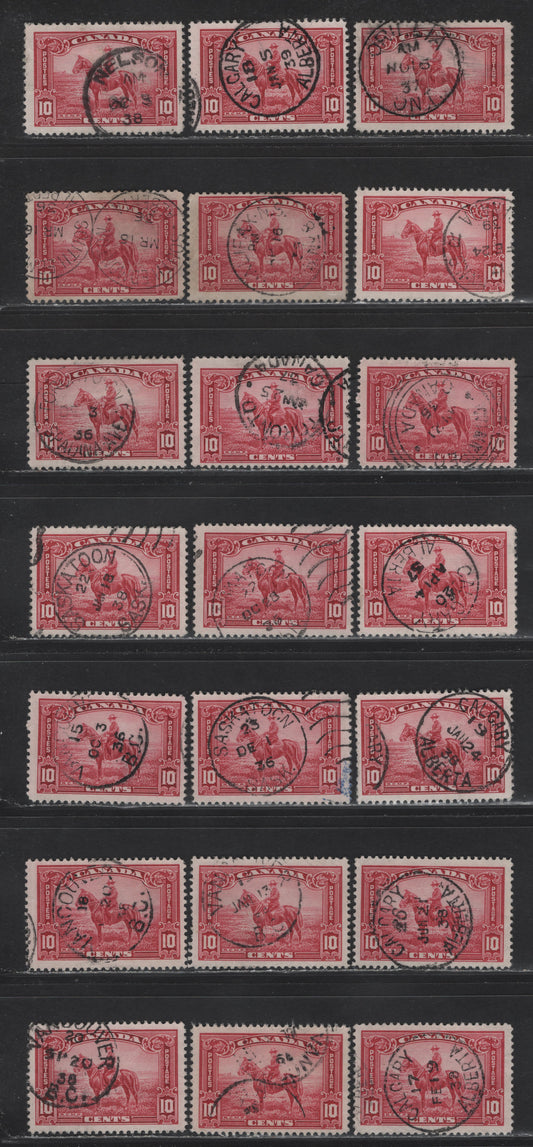 Lot 326 Canada (C) #223 10c Carmine - Carmine Rose RCMP, 1935 KGV Pictorial Issue,  Fine/Very Fine Used Singles, CDS Town Cancels Including Orillia, Nelson, Halifax NS, St. John, South Edmonton, Winnipeg, Toronto, Calgary, Saskatchewan & Vancouver