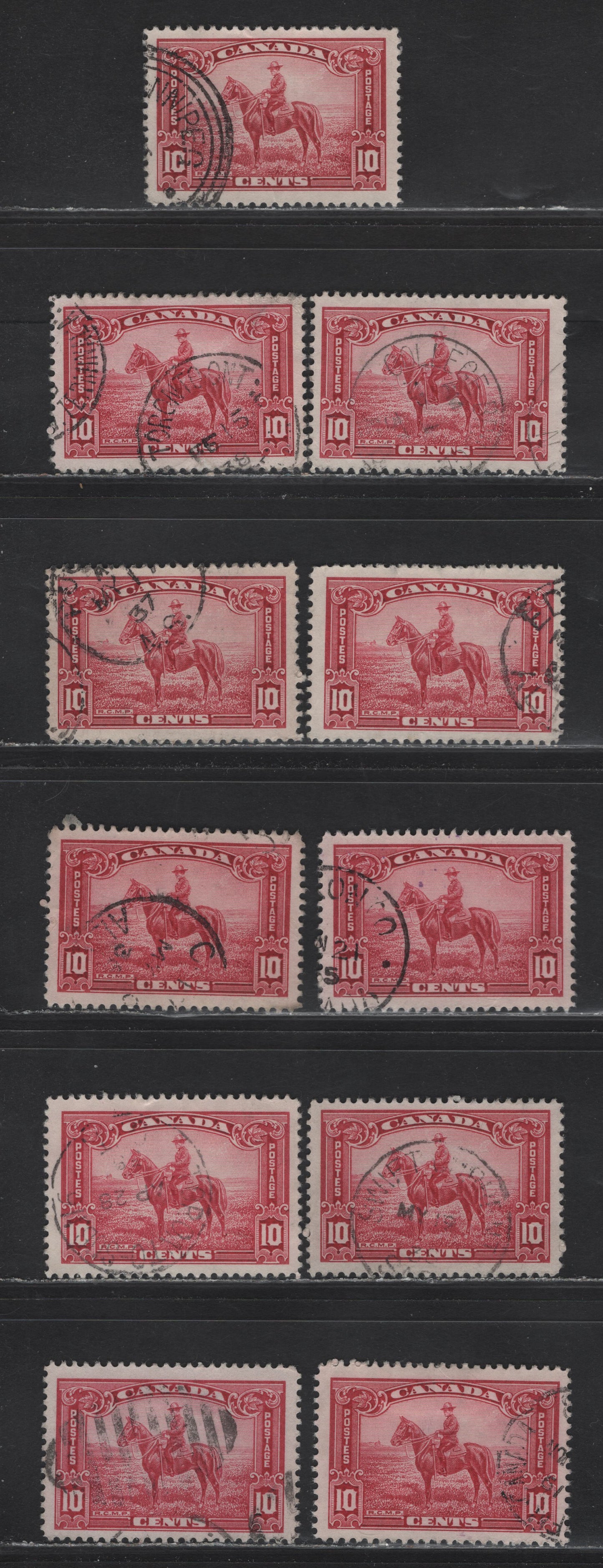 Lot 327 Canada (C) #223-223i 10c Carmine - Deep Carmine RCMP, 1935 KGV Pictorial Issue,  Very Fine Used Singles, Different Shades & Papers
