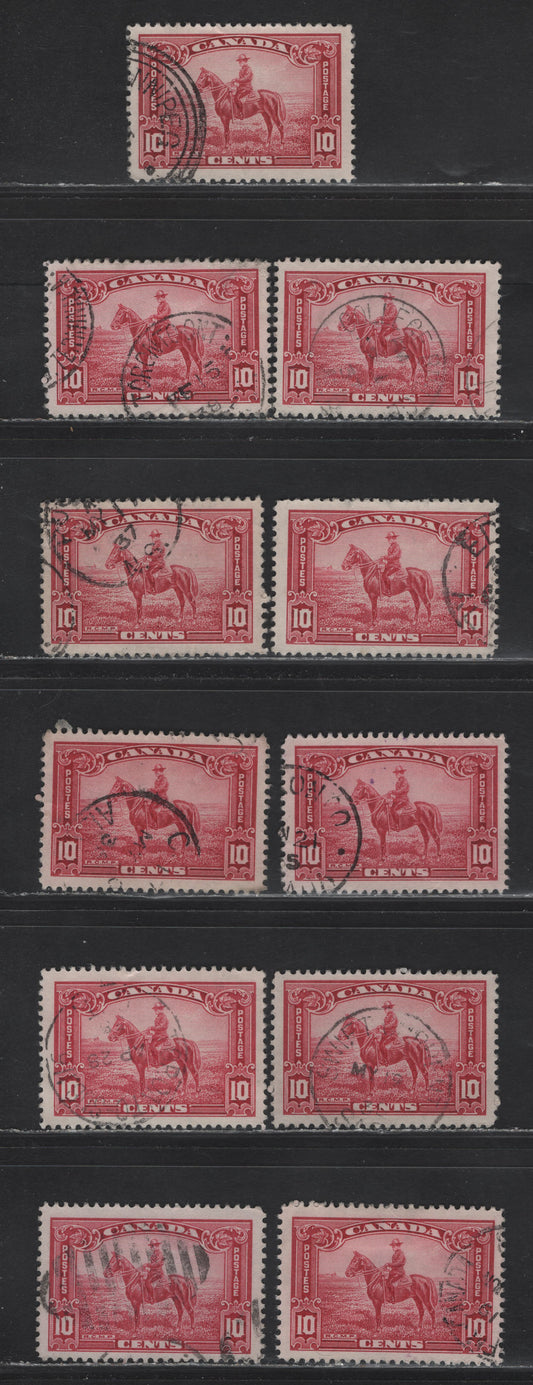 Lot 327 Canada (C) #223-223i 10c Carmine - Deep Carmine RCMP, 1935 KGV Pictorial Issue,  Very Fine Used Singles, Different Shades & Papers