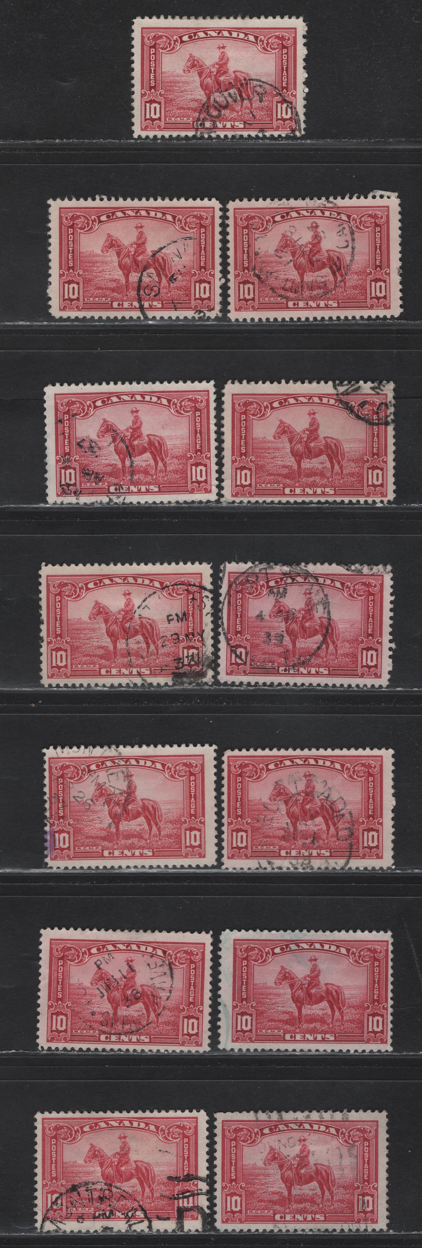 Lot 328 Canada #223-223i 10c Dark Carmine - Light Carmine Rose RCMP, 1935 KGV Pictorial Issue, 13 Fine Used Singles, Showing Full Range Of Shades, Useful For Reference, Unchecked As To Paper & Perf.