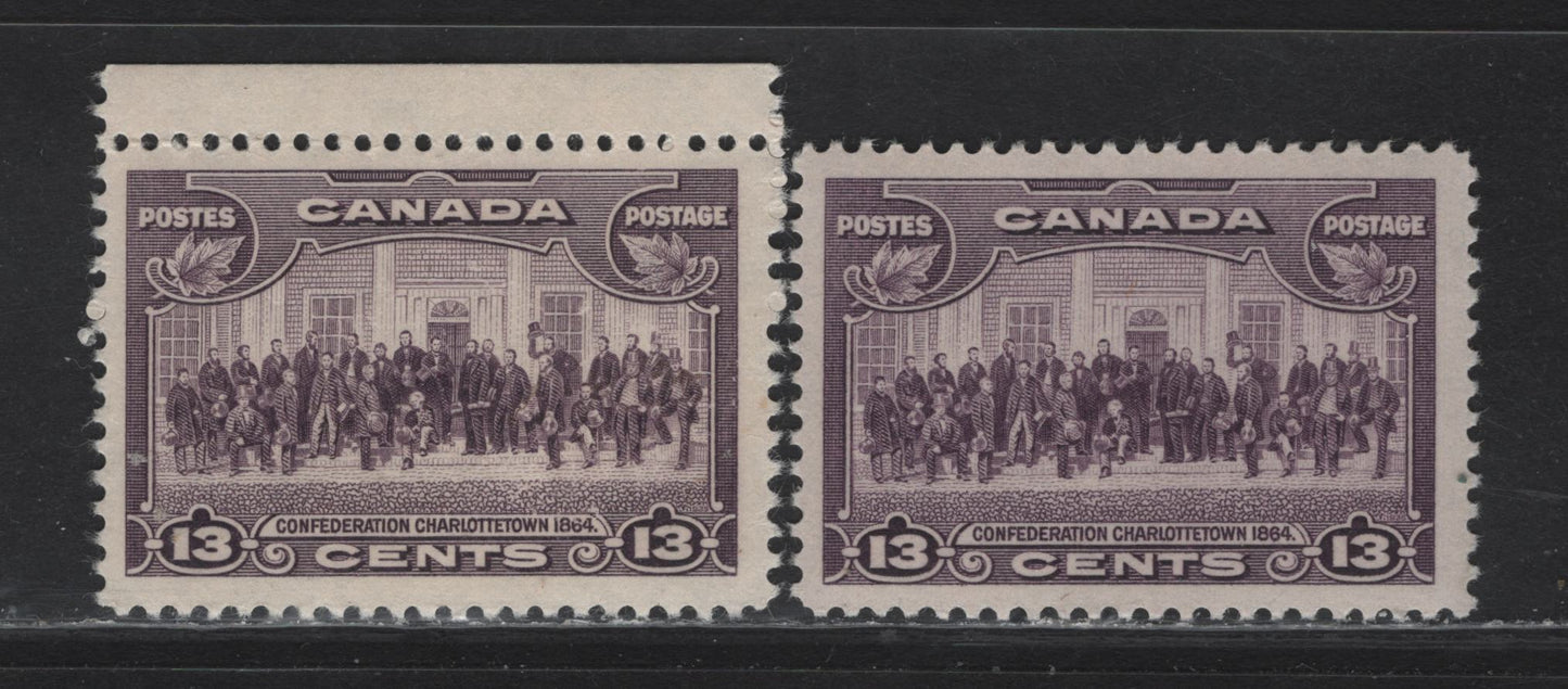 Lot 331 Canada #224 13c Deep Rose Lilac - Dull Violet Charlottetown, 1935 KGV Pictorial Issue, 2 F/VFNH Singles, Paper CBN-UUU & CBN-GG, Perf 12x11.9 & 11.9x12