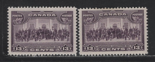 Lot 332 Canada (C) #224 13c Dull Violet Paper Charlottetown, 1935 KGV Pictorial Issue, 2 VFOG Singles, Paper CBN-GG, Perfs 12 & 12x11.9