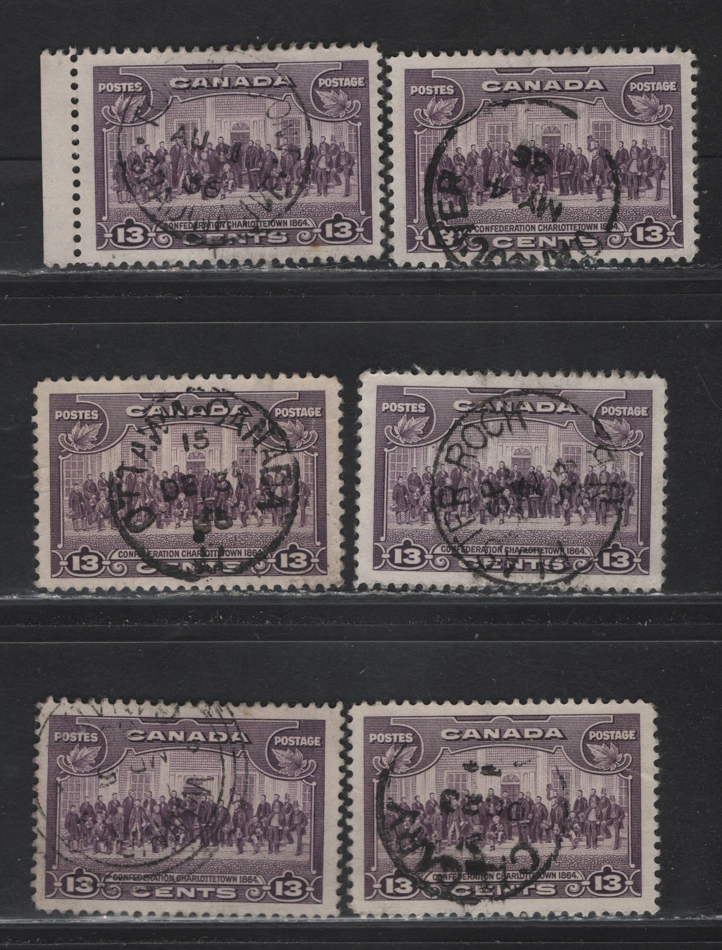 Lot 335 Canada #224 13c Deep Rose Lilac Charlottetown, 1935 KGV Pictorial Issue,  Very Fine Used Singles, SON Cancels Including Vancouver, Toronto Spadina Ave, Plaster Rock NB, Ottawa, Calgary & Winnipeg