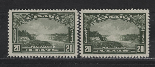 Lot 339 Canada #225 20c Deep Bronze Green - Deep Olive Green Niagara Falls, 1935 KGV Pictorial Issue, 2 VFOG Singles, Papers CBN-RRR & CBN-QQQ, Perf 12x11.9 & 11.9