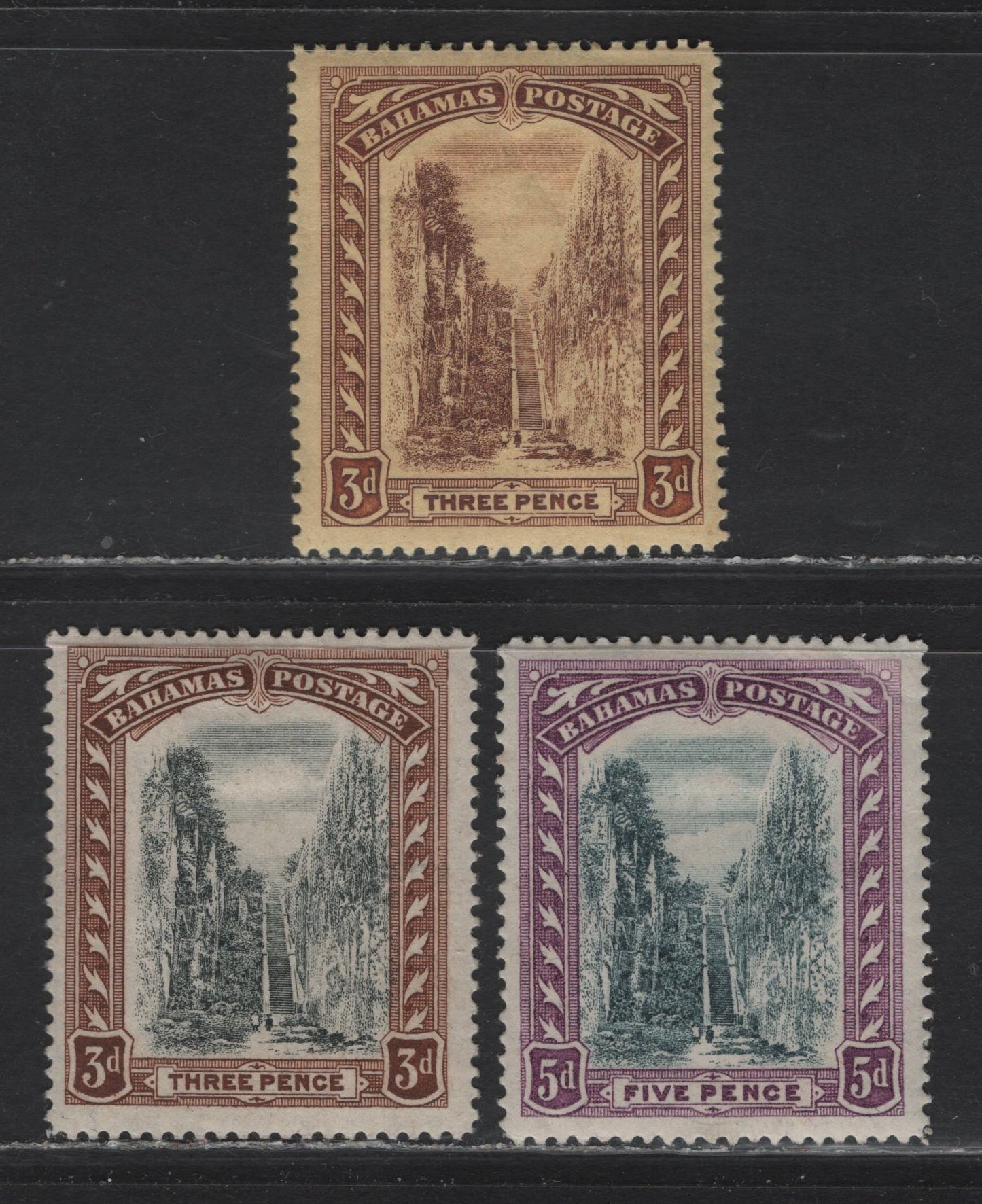 Lot 34 Bahamas SG#76a, 77-78 3d - 5d Reddish Purple on Buff - Black & Mauve Queens Staircase, 1911-1919 Queens Staircase Definitive Issue, 3 F/VFOG/NH Singles, Multiple Crown CA Wmks, 3d Reddish Purple on Buff is NH