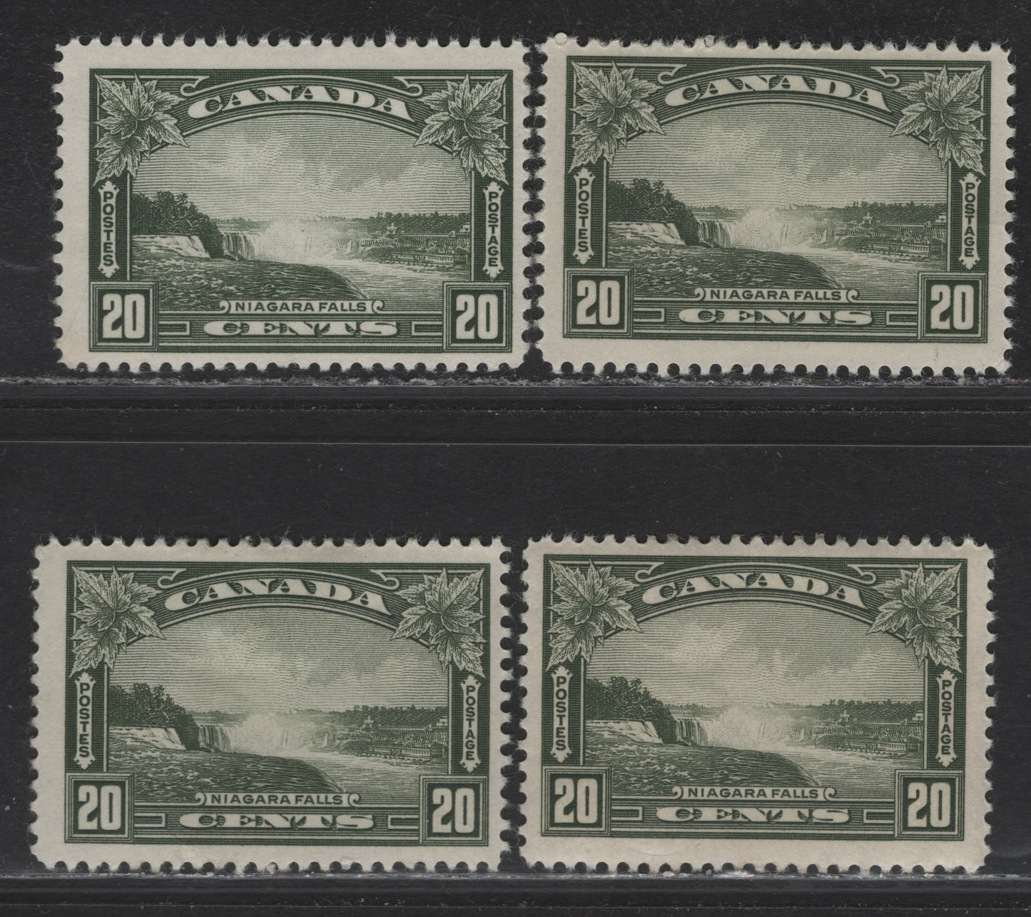 Lot 342 Canada (C) #225 20c Deep Olive Green - Deep Bronze Green Niagara Falls, 1935 KGV Pictorial Issue, 4 FOG Singles, Papers CBn-QQQ & CBN-NNN, Perfs 11.9, 12x11.9 & 12x11.8