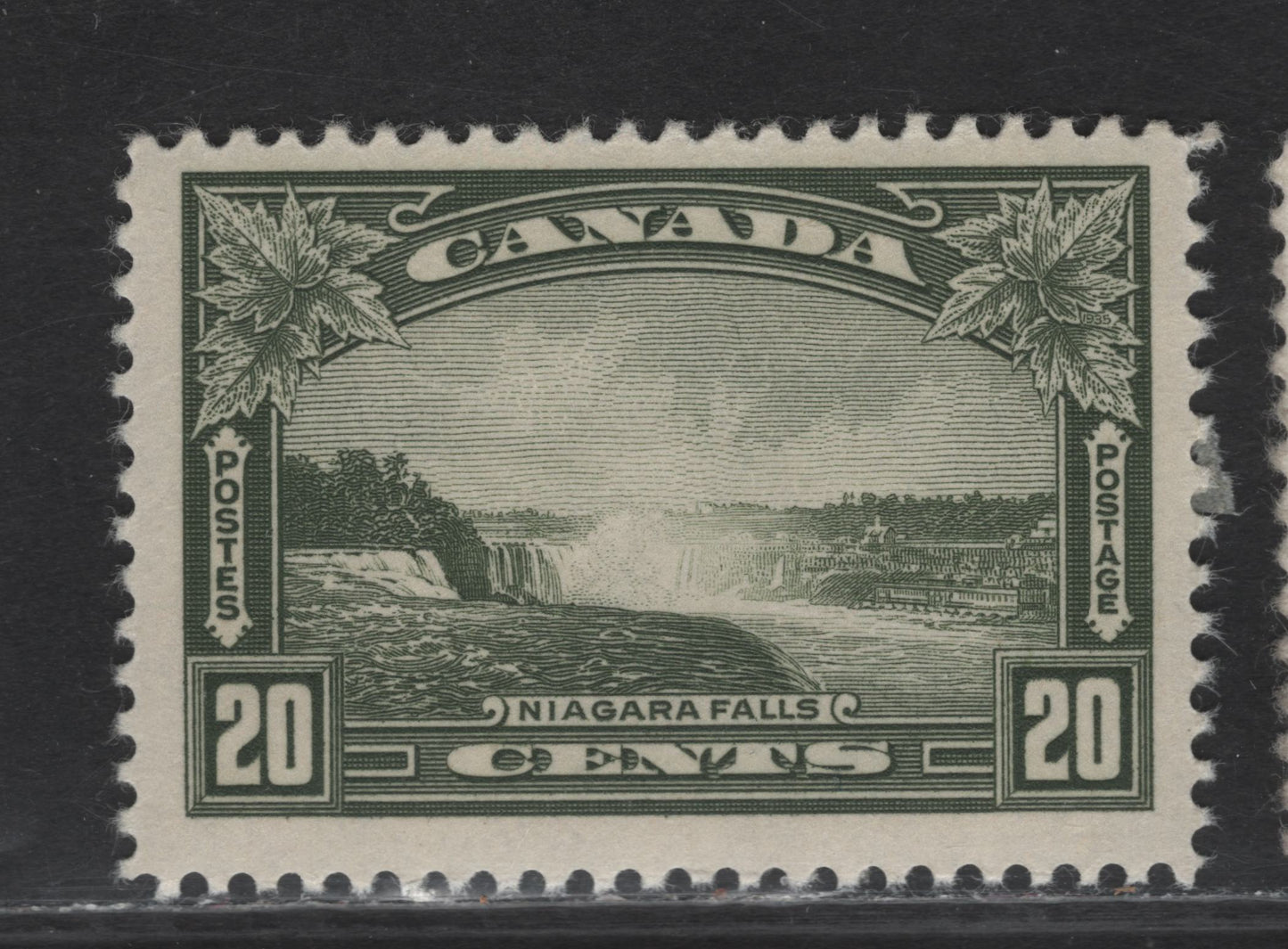 Lot 343 Canada (C) #225 20c Deep Bronze Green Niagara Falls, 1935 KGV Pictorial Issue, A FOG Single, Paper CBN-QQQ, Perf 12x11.9