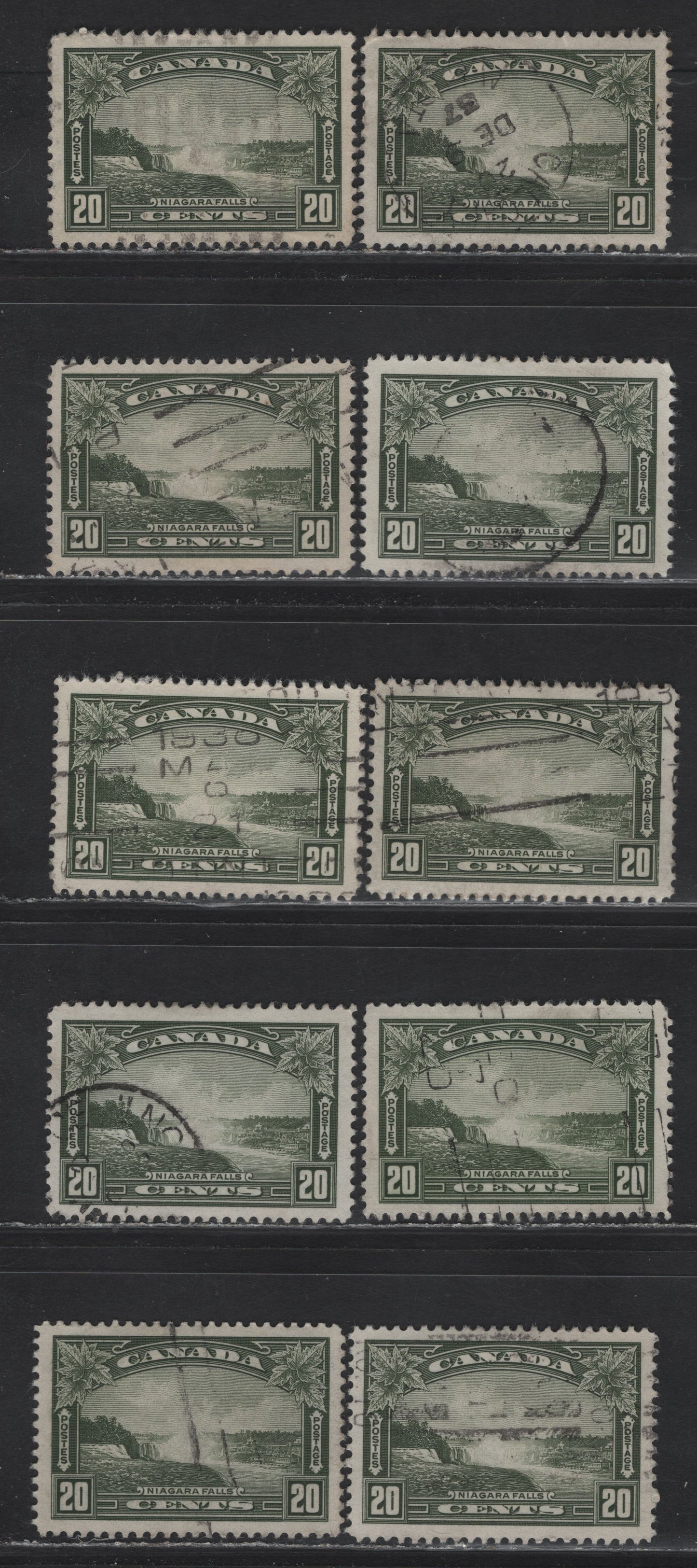 Lot 345 Canada #225 20c Bronze Green & Olive Green Niagara Falls, 1935 KGV Pictorial Issue, 10 Very Fine Used Singles, Unchecked As To Paper Type & Exact Perf