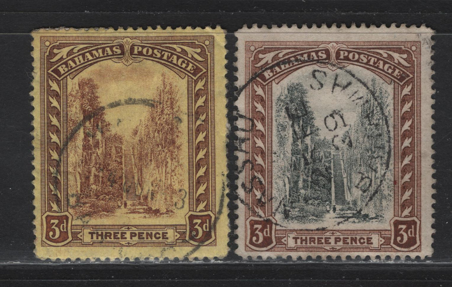 Lot 35 Bahamas SG#76a, 77-78 3d Reddish Purple on Buff - Black & Brown Queens Staircase, 1911-1919 Queens Staircase Definitive Issue, 2 Very Good/Fine Used Singles, Multiple Crown CA Wmks, Small Corner Crease On #76a