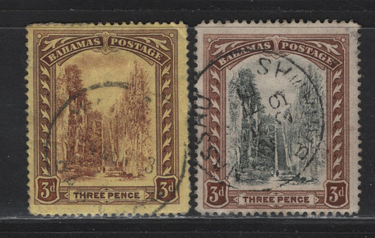 Lot 35 Bahamas SG#76a, 77-78 3d Reddish Purple on Buff - Black & Brown Queens Staircase, 1911-1919 Queens Staircase Definitive Issue, 2 Very Good/Fine Used Singles, Multiple Crown CA Wmks, Small Corner Crease On #76a