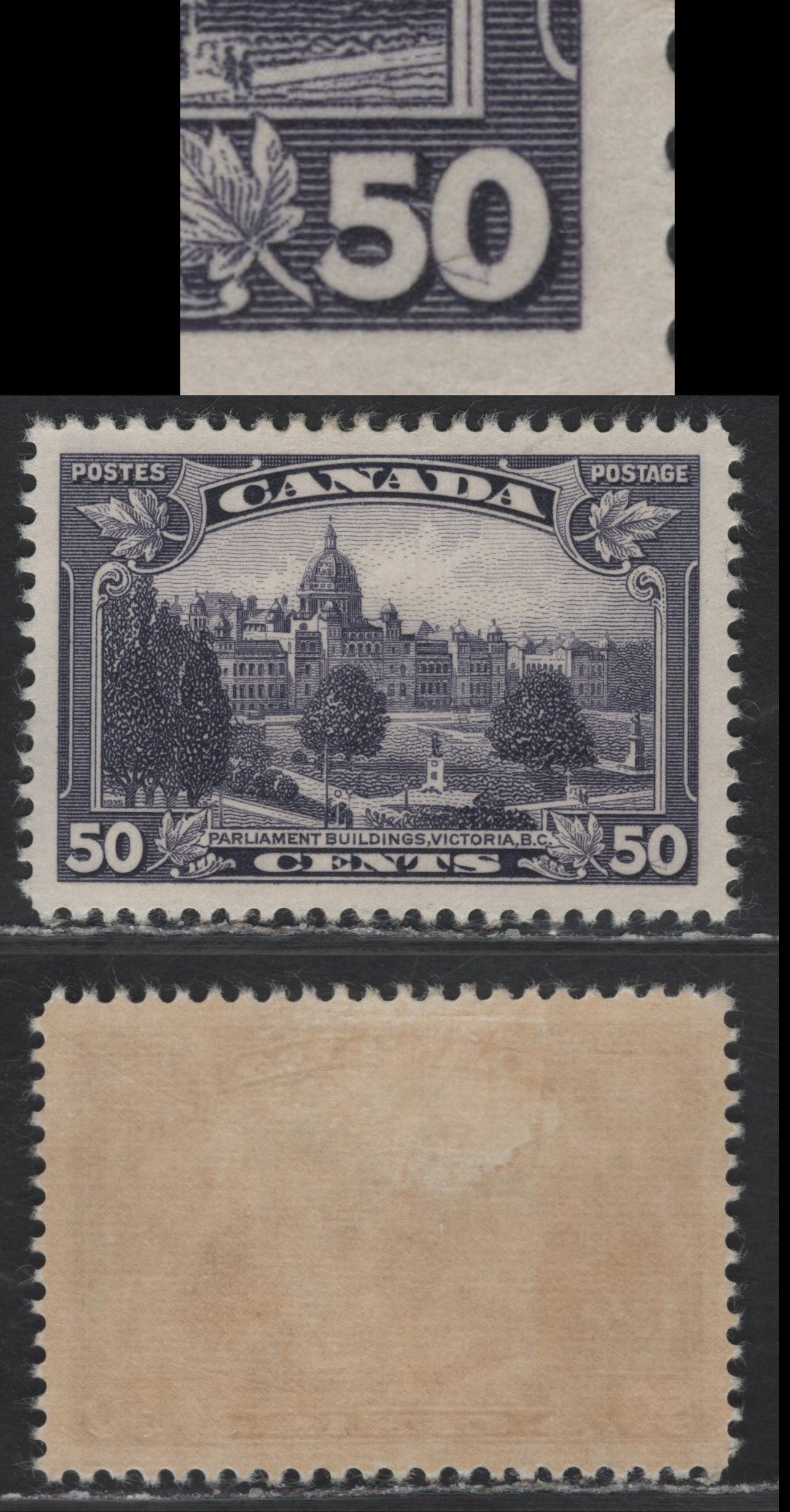 Lot 351 Canada #226 50c Dull Slate Violet Parliament, 1935 KGV Pictorial Issue, A VFOG Single, Paper CBN-GG, Perf 12x11.9, Showing Triangular Scratch In Right '0' of '50'.