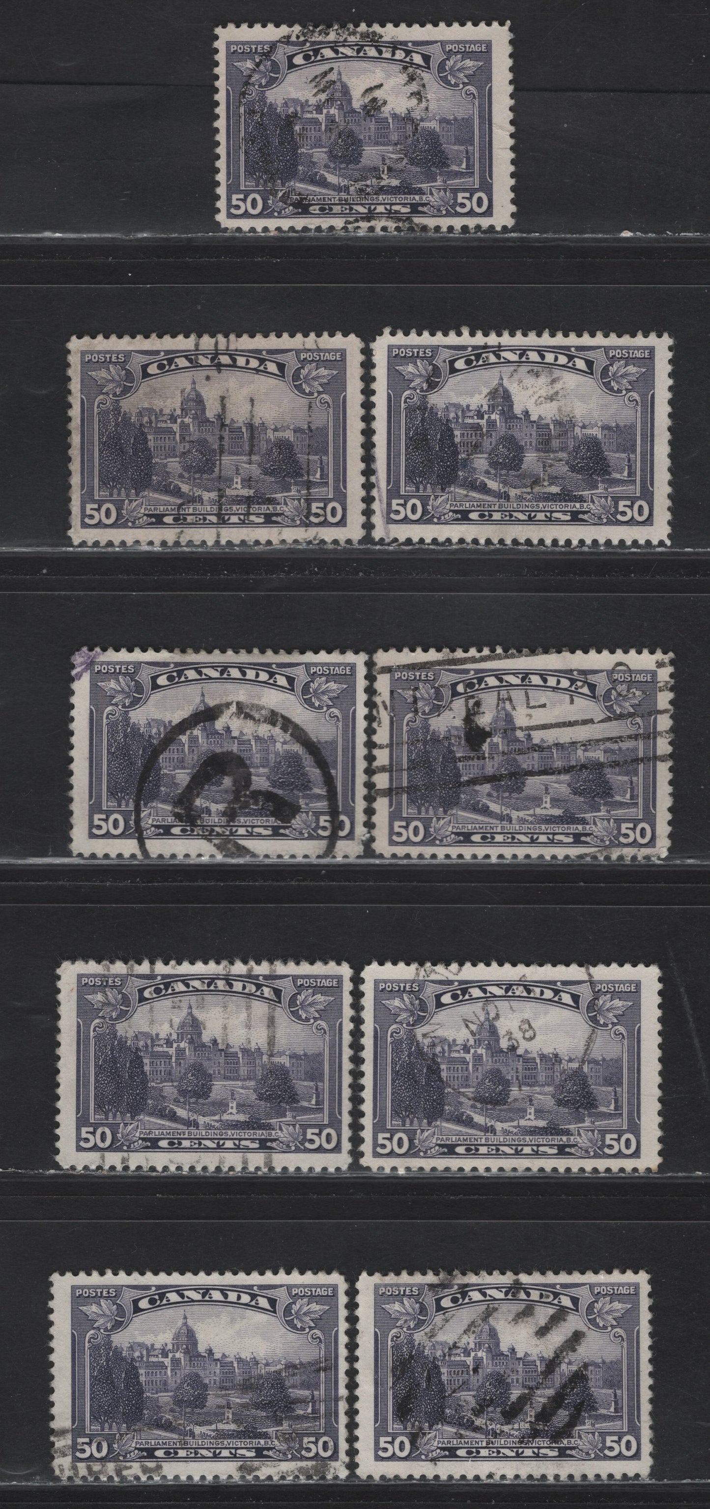 Lot 359 Canada #226 50c Dull Slate Violet Parliament, 1935 KGV Pictorial Issue, 9 Fine Used Singles, Various Perfs, Unchecked As To Perf