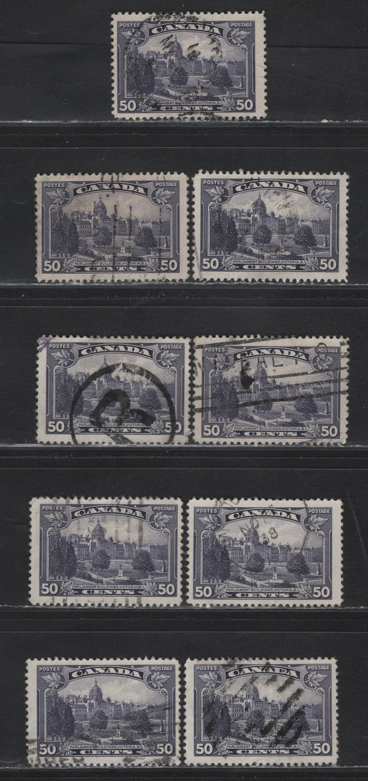 Lot 359 Canada #226 50c Dull Slate Violet Parliament, 1935 KGV Pictorial Issue, 9 Fine Used Singles, Various Perfs, Unchecked As To Perf