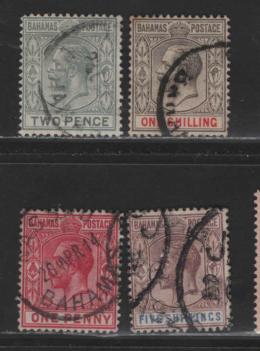 Lot 36 Bahamas SG#82-83, 87-88 1d - 5/- Aniline Carmine - Dull Purple & Blue King George V, 1912-1919 KGV Keyplate Issue, 4 Fine/Very Fine Used Singles, Multiple Crown CA Wmks