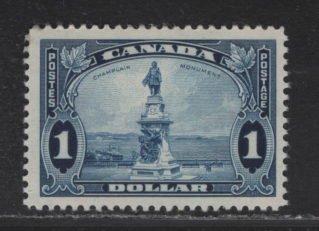 Canada #227 $1 Dark Blue Champlain Statue, 1935 KGV Pictorial Issue, A FOG Single, CBN-ZZZ Paper, Perf 12