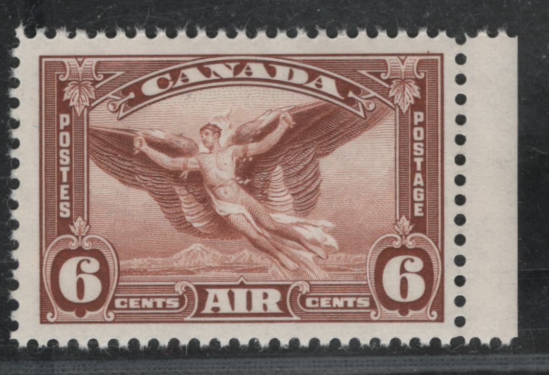 Lot 378 Canada #C5var 6c Red Brown Daedalus In Flight, 1935 Airmail Issue, A VFOG Single, CBN-RRR Paper, Perf 12x11.9, Showing Unlisted Dot Above Frameline At UR, Possibly Constant.