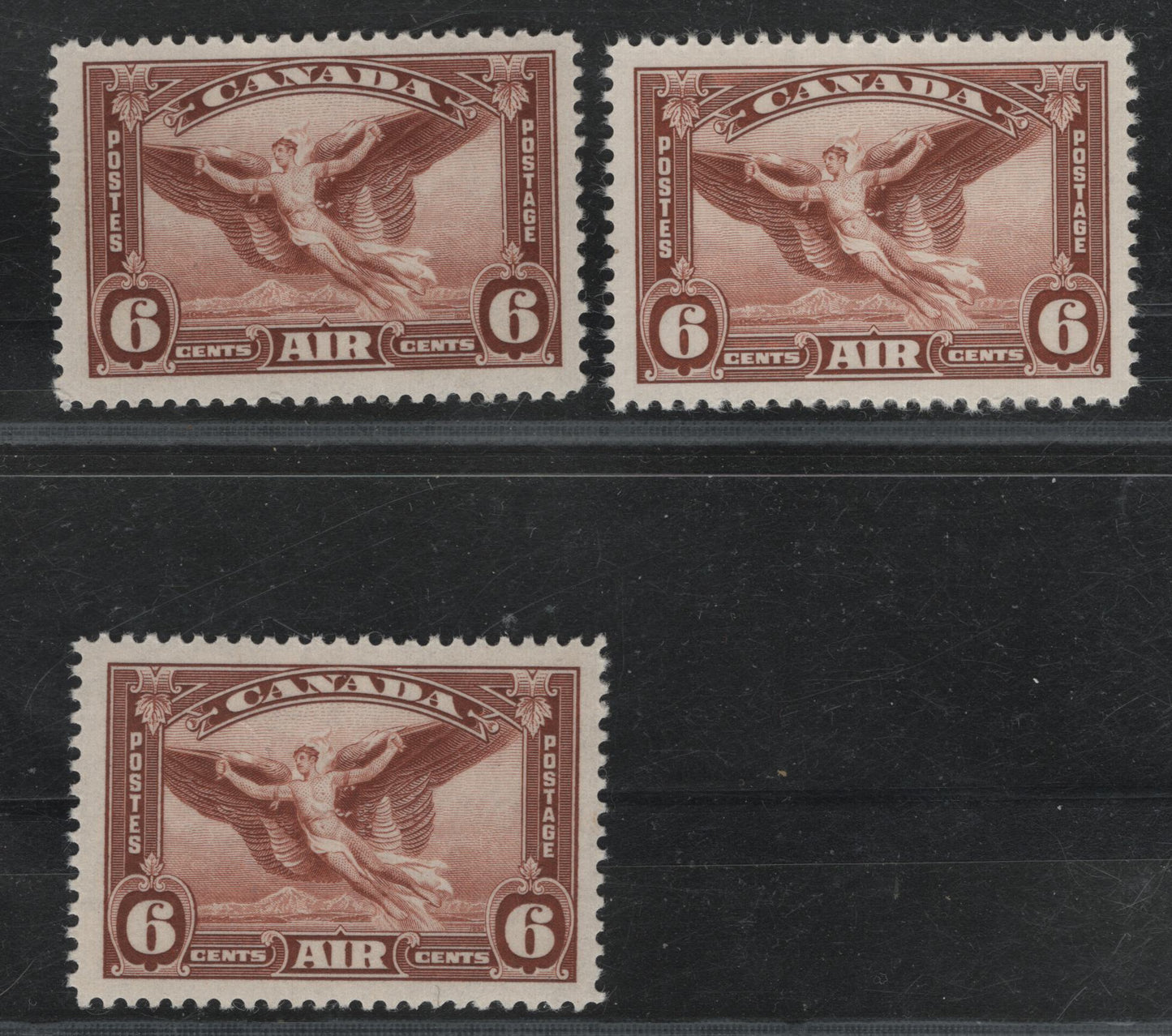 Lot 379 Canada (C) #C5 6c Light Red Brown - Red Brown Daedalus In Flight, 1935 Airmail Issue, 3 VFNH Singles, CBN-RRR & CBN-UUU Papers, Perfs 12x11.8, 11.95x12 & 12