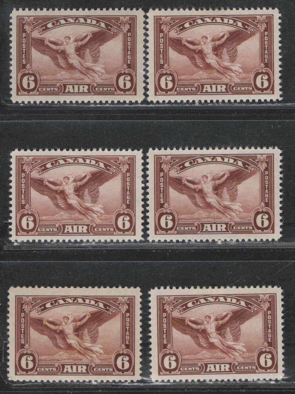 Lot 381 Canada #C5 6c Red Brown Daedalus In Flight, 1935 Airmail Issue, 6 VFOG Singles, CBN-RRR, CBN-MMM, CBN-SSS, CBN-QQQ & CBN-BBBB Papers, Perfs 12x11.9 & 12