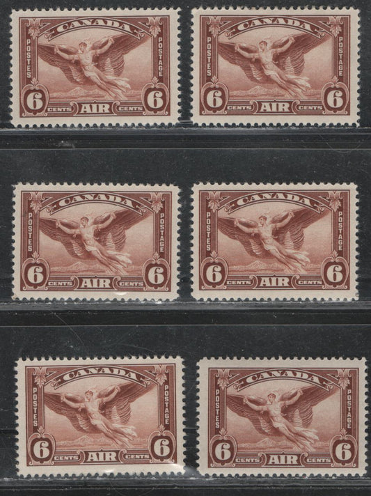 Lot 382 Canada (C) #C5 6c Red Brown - Yellowish Red Brown Daedalus In Flight, 1935 Airmail Issue, 6 VFOG Singles, CBN-UUU, CBN-RRR & CBN-NNN Papers, Perfs 12.1x12, 12x11.9, 12x12.1, 11.9 & 12