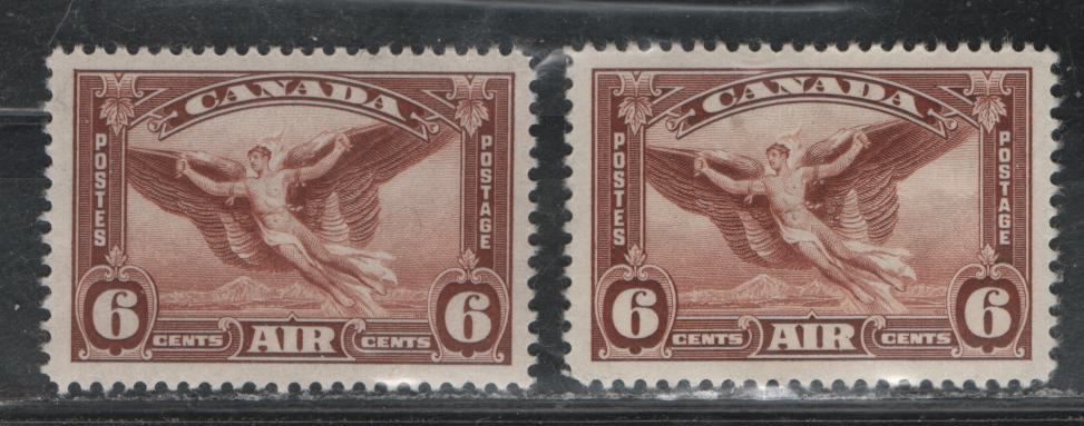 Lot 383 Canada #C5 6c Bright Red Brown - Red Brown Daedalus In Flight, 1935 Airmail Issue, 2 FNH Singles, CBN-UUU & CBN-QQQ Papers, Perfs 12 & 11.9