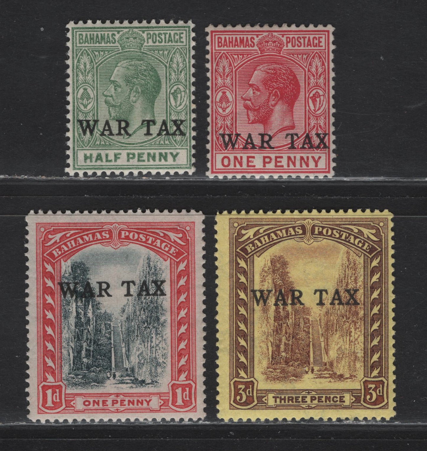 Lot 40 Bahamas SG#91-94 1/2d - 3d Green - Purple/Yellow Queens Staircase, 1918 War Tax Overprinted Issue, 4 F/VFOG Singles, Roman Letters