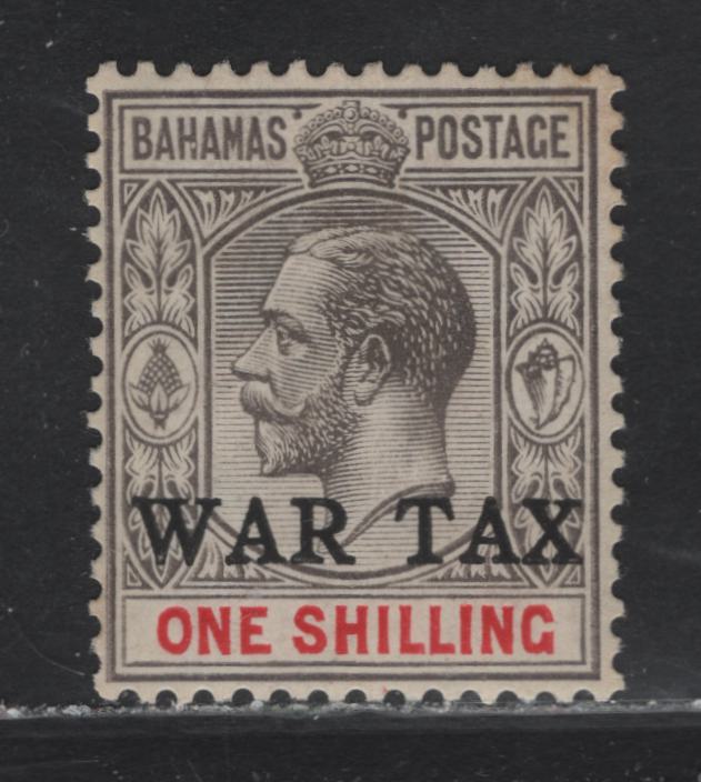 Lot 41 Bahamas SG#95 1/- Gray Black & Carmine King George V, 1918 War Tax Overprinted Issue, A VFOG Single, Slight Toning In UR Corner, A Scarce War Tax Stamp From Most Collections