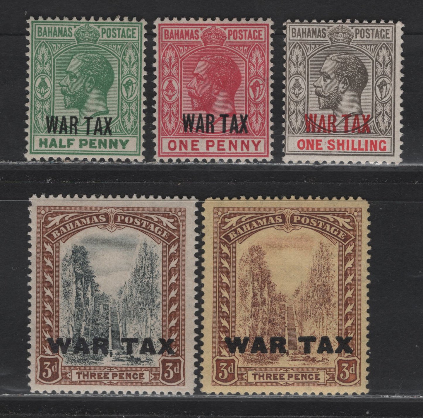 Lot 42 Bahamas SG#96-100 1/2d - 1/- Green - Gray Black & Carmine Queens Staircase, 1918-1919 War Tax Overprinted Issue, 5 F/VFNH/OG Singles, Sans Serif Letters, 1/- Is NH