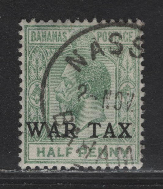 Lot 44 Bahamas SG#91 1/2d Green Queens Staircase, 1918 War Tax Overprinted Issue, A Very Fine Used Single, Roman Letters