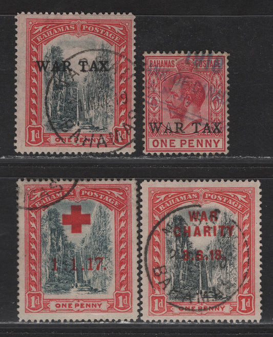 Lot 45 Bahamas SG#90, 92-93, 101 1d Gray Black - Carmine Queens Staircase, 1918 Charity & War Tax Overprinted Issues, 4 Fine/Very Fine Used Singles