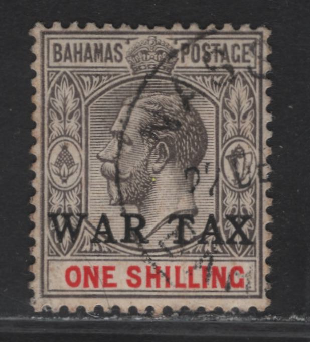Lot 46 Bahamas SG#95 1/- Gray Black & Carmine King George V, 1918 War Tax Overprinted Issue, A Fine Used Single, Roman Lettering