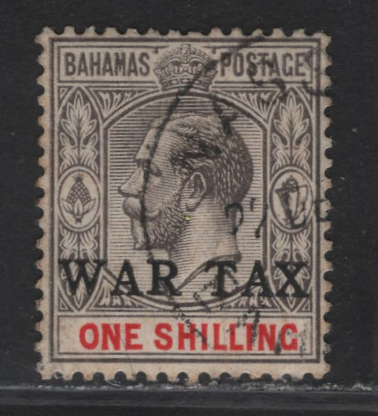 Lot 46 Bahamas SG#95 1/- Gray Black & Carmine King George V, 1918 War Tax Overprinted Issue, A Fine Used Single, Roman Lettering