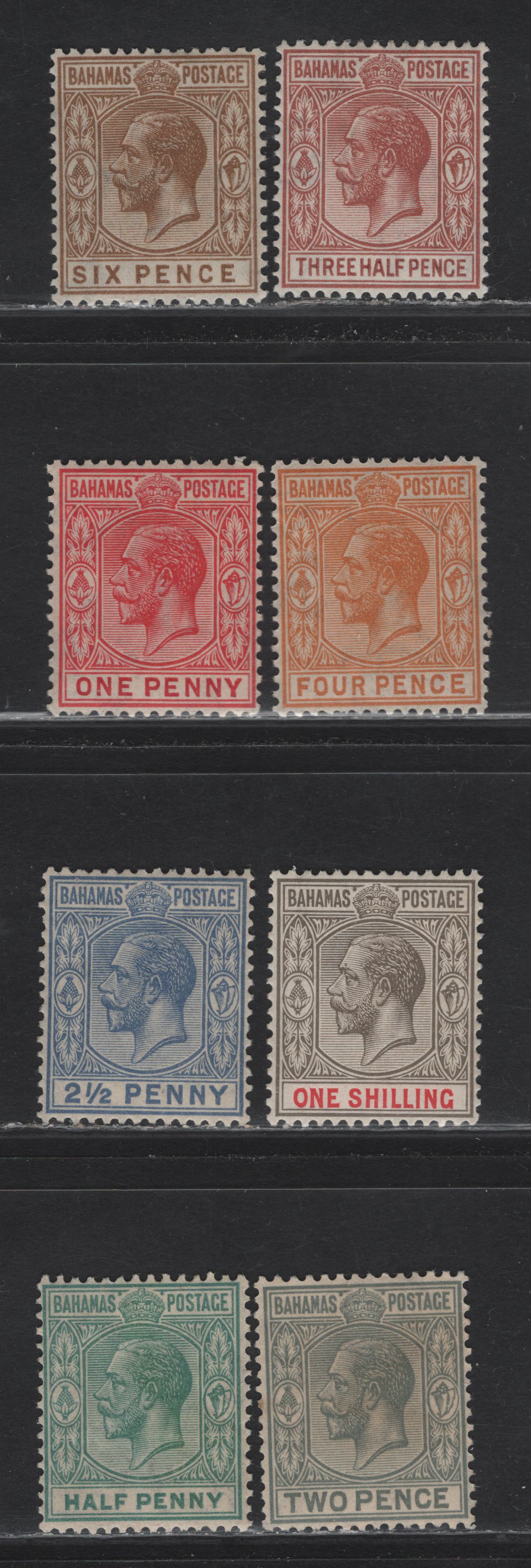 Lot 48 Bahamas SG#115-119, 121-123 1/2d - 1/- Green - Black & Carmine King George V, 1921-1937 KGV Keyplate Issue, 8 F/VFOG Singles, Script CA Wmk