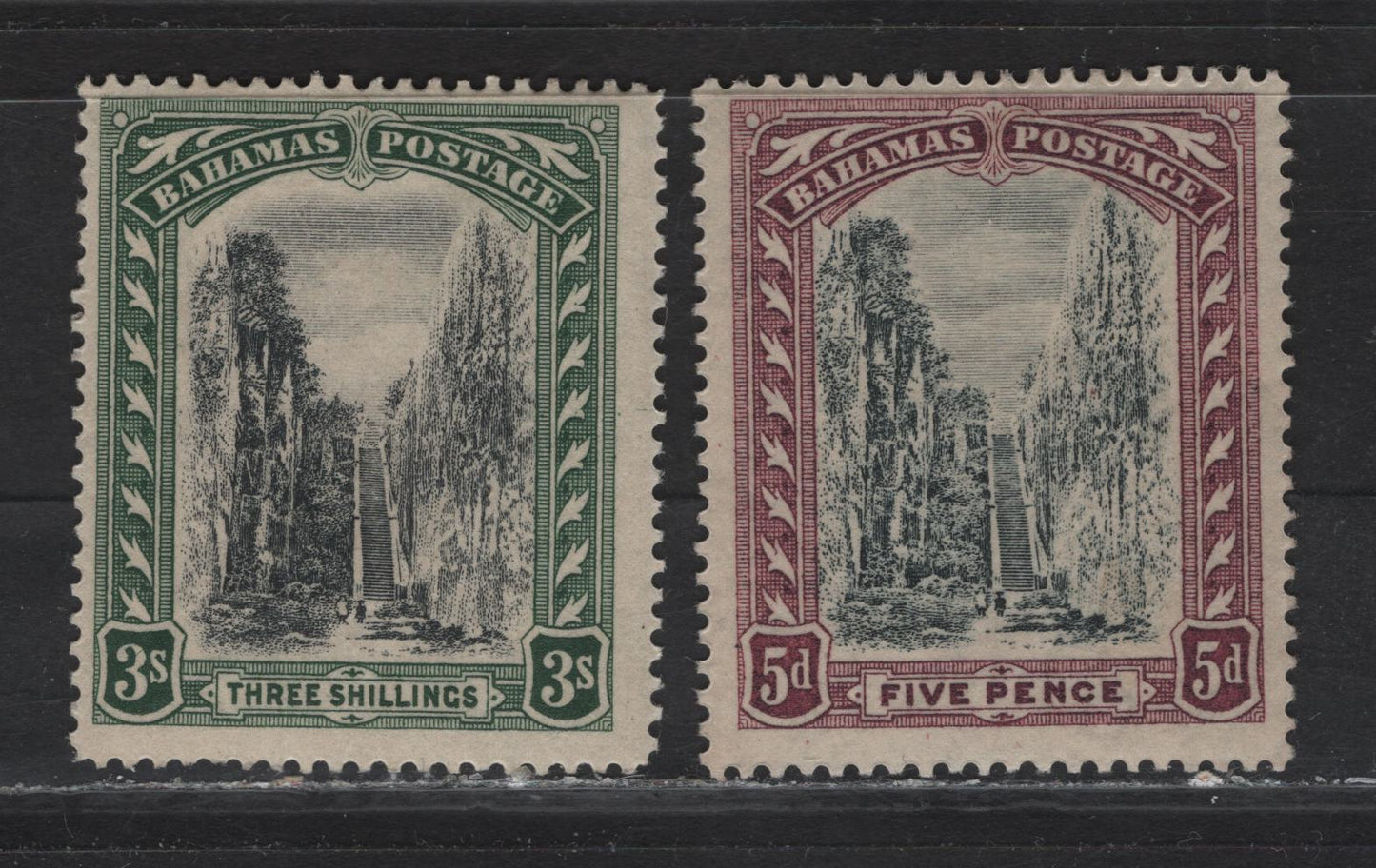 Lot 52 Bahamas SG#112, 114 5d - 3d Black & Purple - Black & Green Queens Staircase, 1921-1929 Queen's Staircase Issue, 2 FOG Single, Script CA Wmk