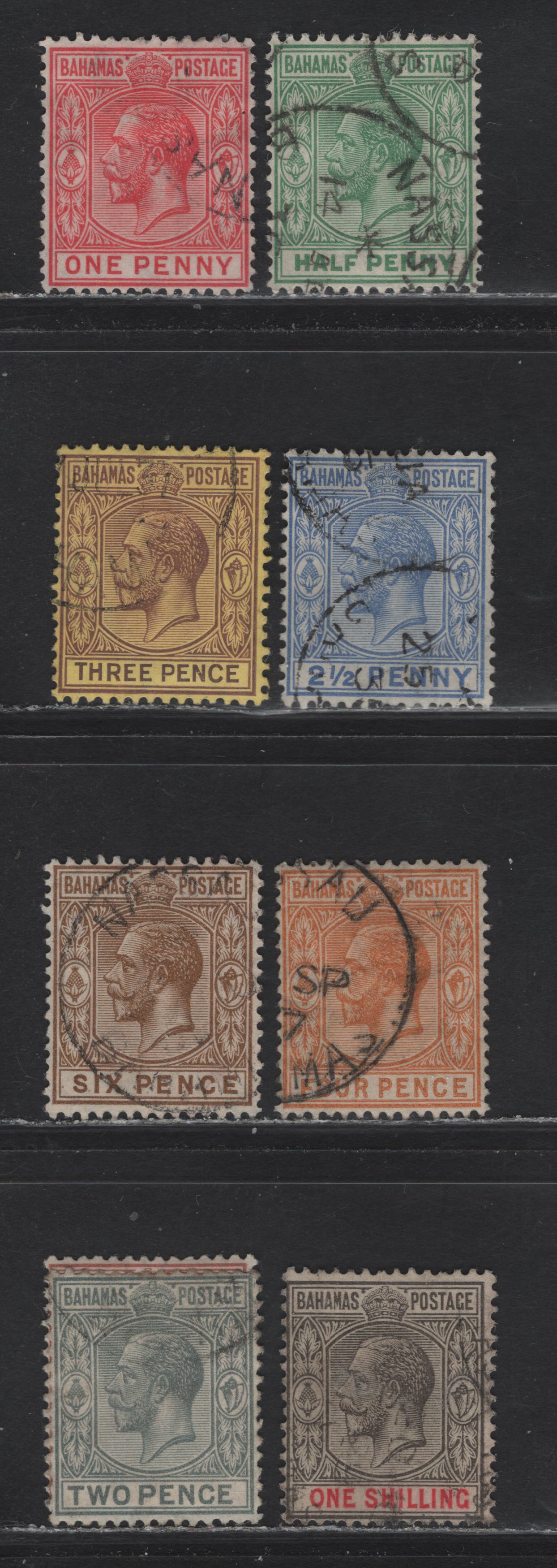 Lot 53 Bahamas SG#115-123 1/2d - 1/- Green - Black & Carmine King George V, 1921-1937 KGV Keyplate Issue, 9 Fine/Very Fine Used Singles, Script CA Wmk