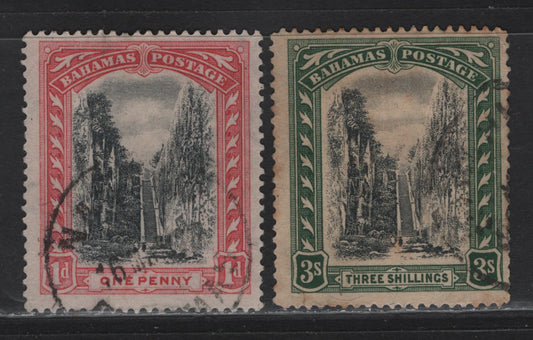 Lot 54 Bahamas SG#111, 114 1d - 3/- Gray & Rose Red - Black & Green Queens Staircase, 1921-1929 Queen's Staircase Issue, 2 Very Good/Fine Used Singles, Short Perfs & Toning