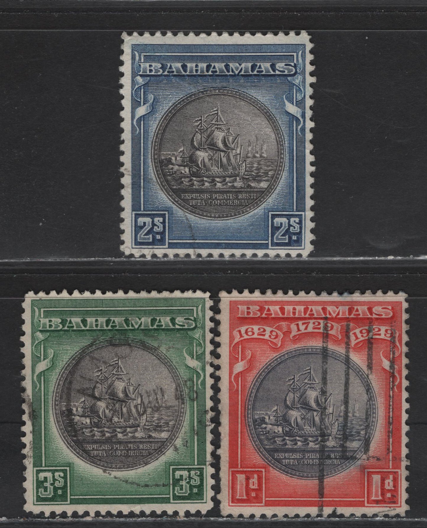 Lot 56 Bahamas SG#126, 131c, 132s 1d - 3/- Black & Scarlet - Brownish Black & Green Badge of the Colony, 1930-1936 Tercentenary - Badge of the Colony Issue, 3 Very Fine Used Singles, 2/- & 3/- Are 1942-1943 Printings