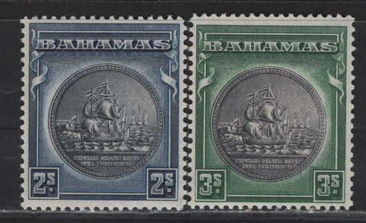 Lot 57 Bahamas SG#131a, 132 2/- - 3/- Slate Purple & Indigo - Slate Purple & Myrtle Green Badge of the Colony, 1931-1946 Badge of the Colony, 2 VFOG Singles, 1942 Printings