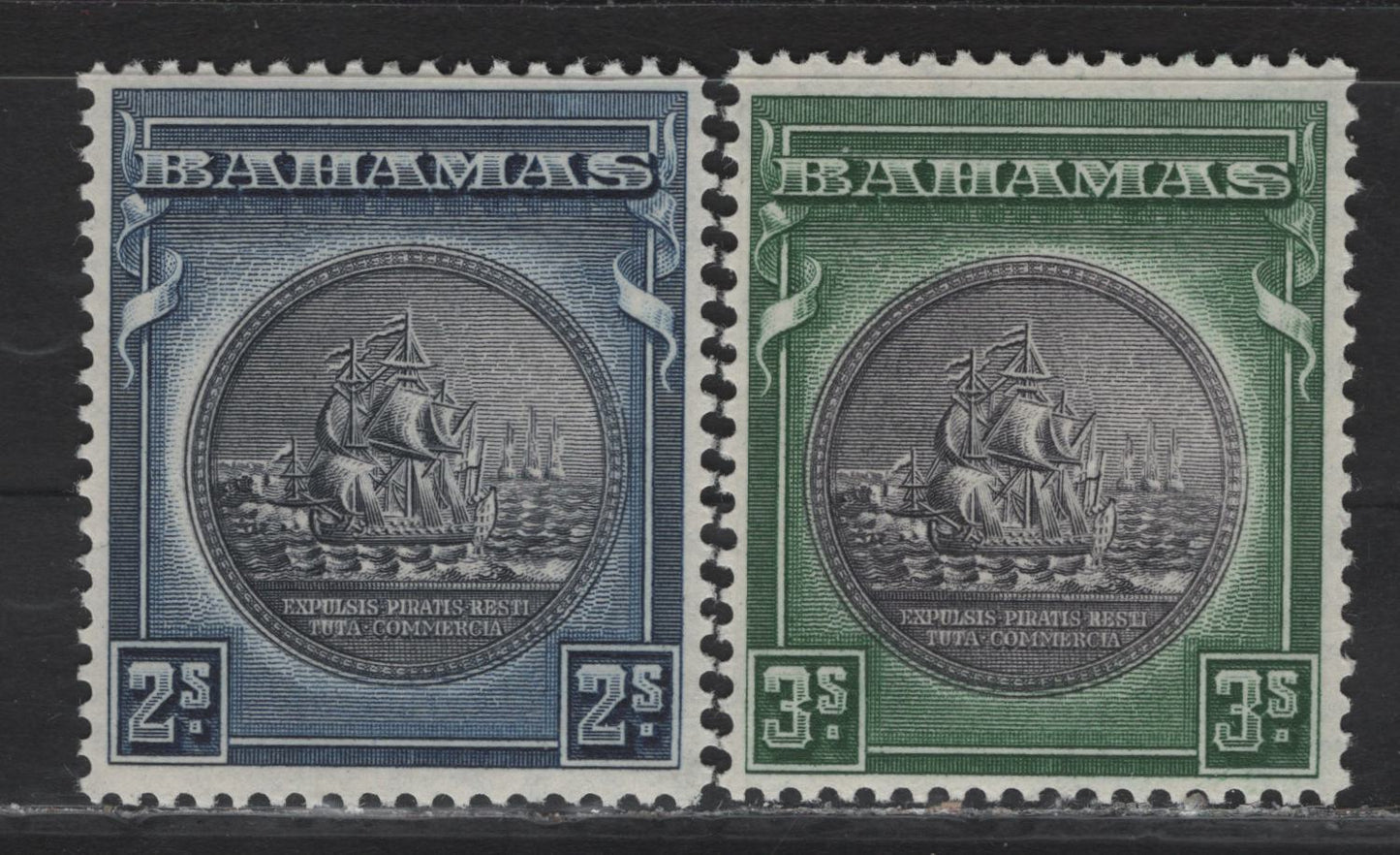 Bahamas SG#131a, 132 2/- - 3/- Slate Purple & Indigo - Slate Purple & Myrtle Green Badge of the Colony, 1931-1946 Badge of the Colony, 2 VFOG Singles, 1942 Printings
