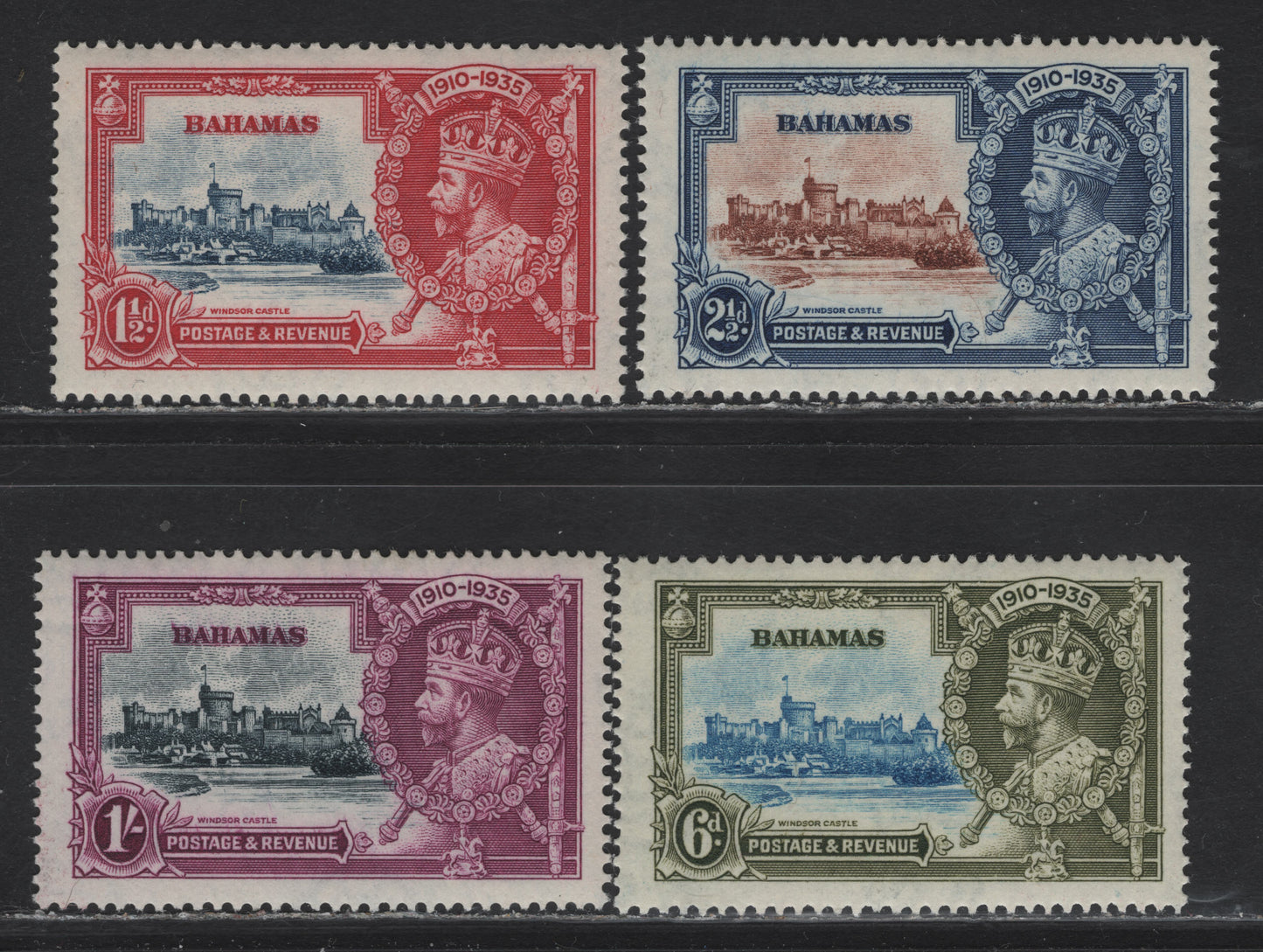 Lot 59 Bahamas SG#141-144 1.5d - 1/- Blue & Carmine - Slate & Purple King George V & Windsor Castle - King George V, 1935 Silver Jubilee Issue, 4 VFOG Singles