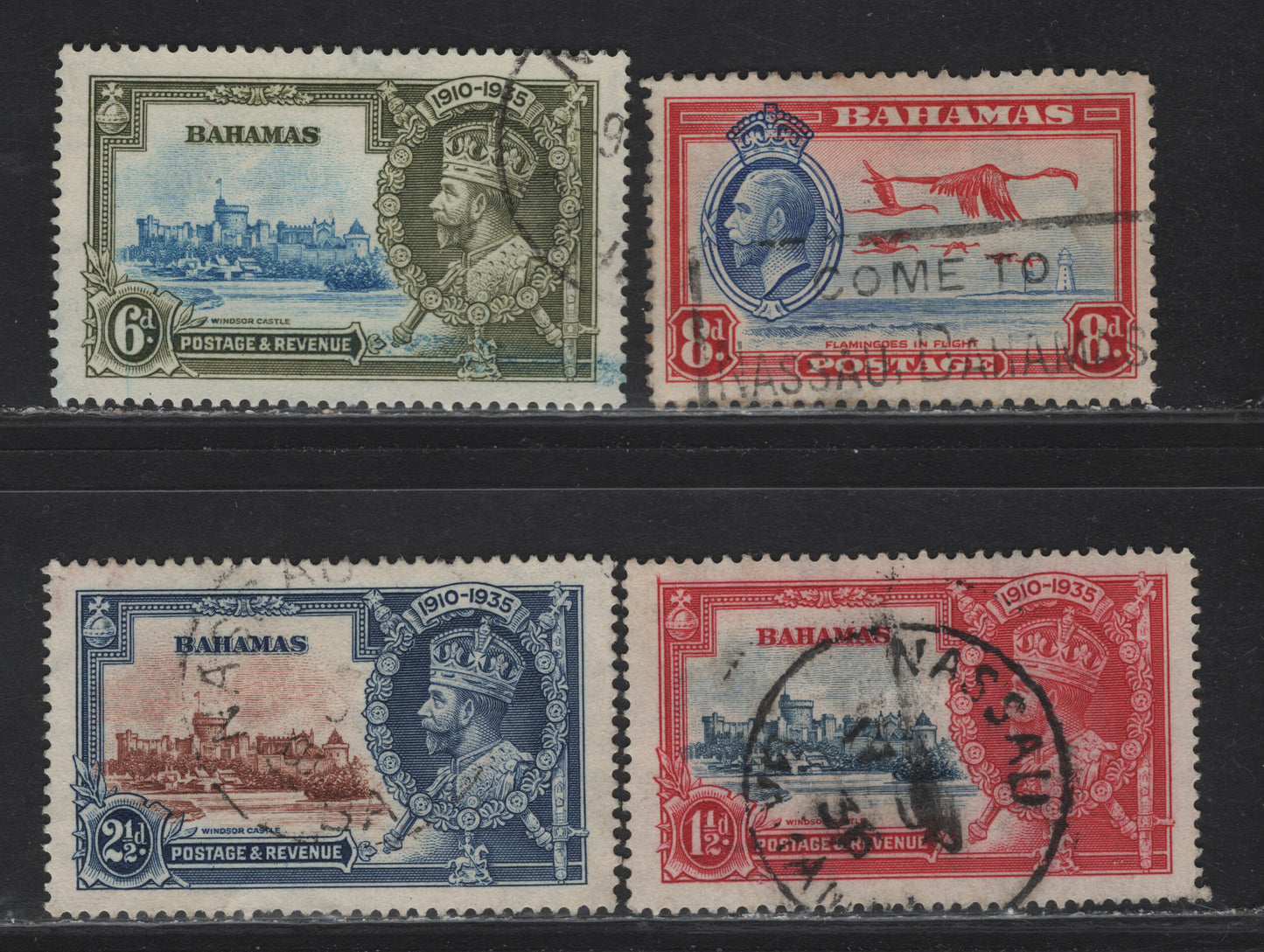 Lot 60 Bahamas SG#141-143, 148 1.5d - 8d DeepBlue & Carmine - Ultramarine & Scarlet King George V & Windsor Castle - King George V, 1935-1937 Silver Jubilee - Coronation Issues, 4 Fine/Very Fine Used Singles