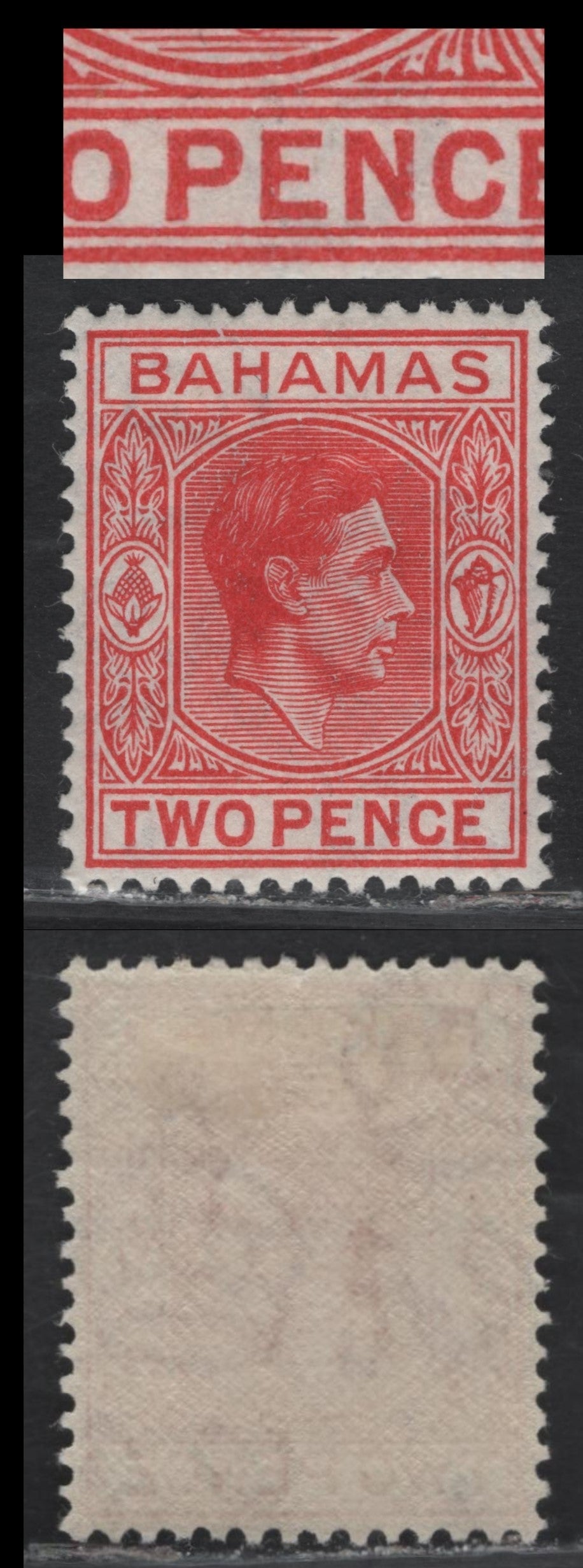 Lot 62B Bahamas SG#152b 2d Scarlet King George VI, 1938-1952 KGVI Issue, A VFOG Single, Unlisted Upper Frame Break Above 'AH' of Bahamas