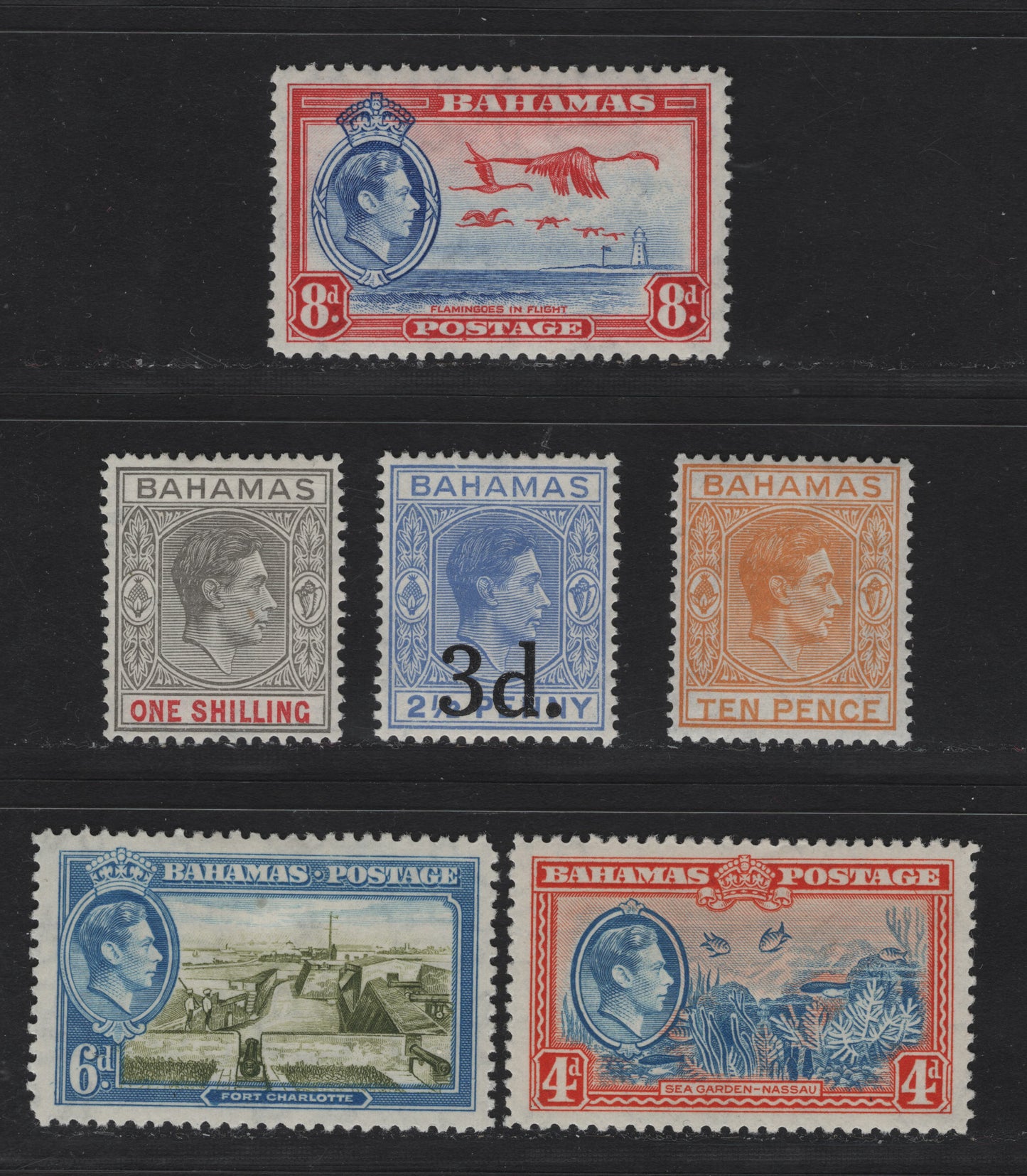 Lot 63 Bahamas SG#154c, 155d, 158-161 10d - 3d on 2.5d Yellow Orange - Blue King George VI, 1938-1952 KGVI Issue, 6 VFOG Singles, Includes 1948 Printing Of The 1/- On Chalky Paper, 4d Is 1938 Printing, 6d & 8d Are 1942-1943